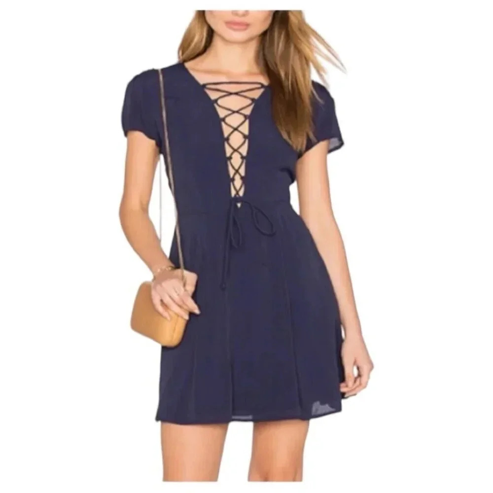PRIVACY PLEASE By REVOLVE PHILLIPS LACE OPEN FRONT MINI DRESS NAVY SIZE SMALL